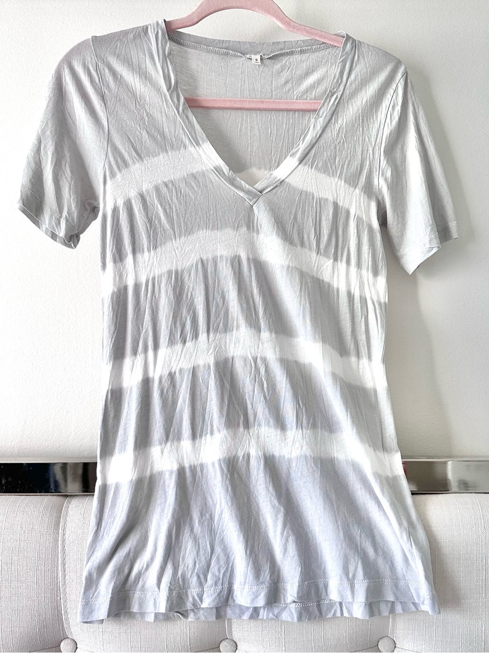 J.Crew Gray and White Tie-Dye Striped Relaxed V-Neck Tee Shirt